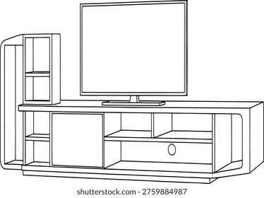 A simple line drawing of a modern entertainment center with a large flat screen tv on top of a shelving unit