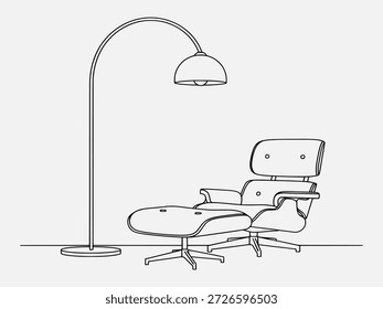 Desenho de linha simples de uma cadeira de salão moderna e otomano correspondente ao lado de uma lâmpada de chão arqueada alta