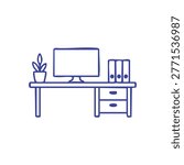 A simple line drawing of a modern office desk featuring a computer monitor a small potted plant and file folders in a sketch style