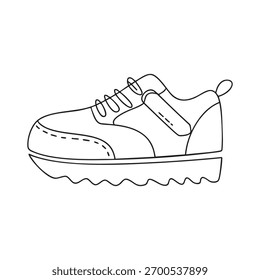 Eine einfache Linienzeichnung eines modernen Sneakerschuhs auf weißem Hintergrund. Skalierbare Vektorformatfarbe...