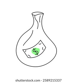 A simple line drawing of a money bag with a dollar bill symbol on it, representing wealth, savings, or financial concepts. The bag is outlined in black with a green dollar sign on the bill.