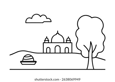 Simple line drawing mosque landscape illustration