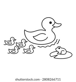 A simple line drawing of a mother duck with her ducklings swimming together in a pond or lake