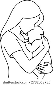 A simple line drawing of a mother gently cradling her newborn baby in her arms, showcasing a moment of tender love and care.