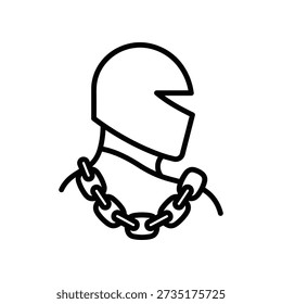 Simple line drawing of a motorcycle helmet chained around the neck on a white background, symbolizing freedom and rebellion.