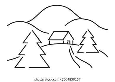 Simple line drawing of a mountain landscape featuring a small cabin surrounded by pine trees, evoking peaceful solitude.