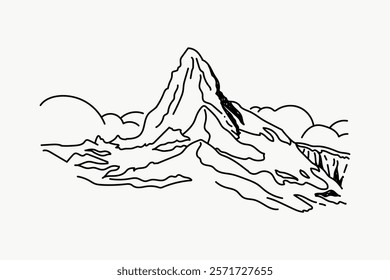 Simple line drawing of a mountain peak with clouds. Minimalist mountain art, emphasizing peak and clouds. Black and white mountain sketch. Simple black line art doodle vector.