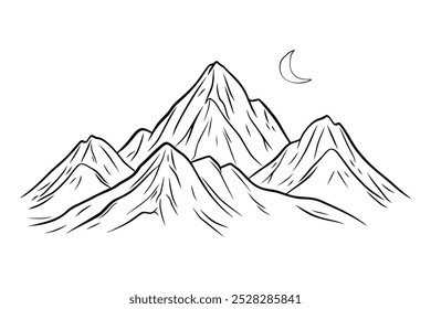 A simple line drawing of mountains with a crescent moon in the sky.