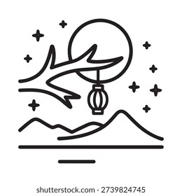 A simple line drawing of mountains moon stars and a hanging lantern