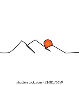 Einfache Linienzeichnung von Bergen und Sonne. Abstrakter Hintergrund der Bergkette. Modern one line Nature Illustration. Vektorhintergrund für das Symbol, Logo, Reiseplakat, Tourismuskarte.