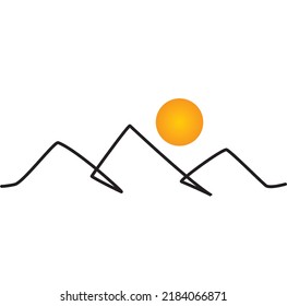Sencillo trazado de líneas de montañas y sol. Resumen del paisaje de la cordillera. Ilustración moderna de una línea natural. Papel de fondo de pantalla de puesta de sol para logotipo, icono, afiche de viajes, tarjeta de turismo. 