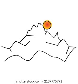 Simple line drawing of mountains and sun. Modern one line nature illustration. Abstract mountain range landscape background. Vector sunset wallpaper for icon, logo, travel poster, tourism card.