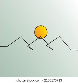 Simple line drawing of mountains and sun. Abstract mountain range landscape background. Modern one line nature illustration. Vector sunset wallpaper for icon, logo, travel poster, tourism card.