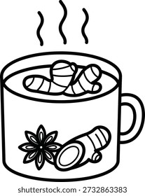 A simple line drawing of a mug filled with steaming ginger tea, honey and decorated with a ginger root and flower