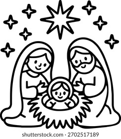 Línea simple que dibuja la escena de la natividad con las estrellas bebé Jesús