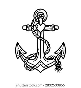 A simple line drawing of a nautical anchor with a heart and rope.