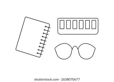 Simple line drawing of notebook eyeshadow palette and glasses