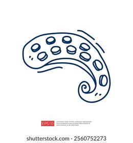 A simple line drawing of an octopus tentacle, featuring circular suckers and a flowing shape, emphasizing a playful and artistic style.