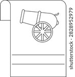 A simple line drawing of an old-fashioned cannon, featuring its barrel, wheels, and carriage.