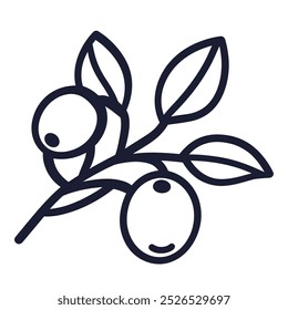 A simple line drawing of an olive branch with leaves and olives.