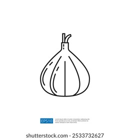 Un simple dibujo de línea de una cebolla, mostrando su forma redondeada y tallo. La ilustración enfatiza la claridad y el minimalismo con fines de Diseño gráfico.