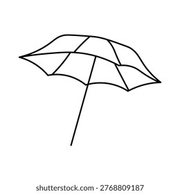 A simple line drawing of an open beach umbrella, casting a shadow, suggesting a sunny day at the beach.