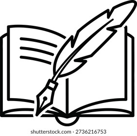 A simple line drawing of an open book with a quill pen placed on top, representing the art of writing and literary pursuits.