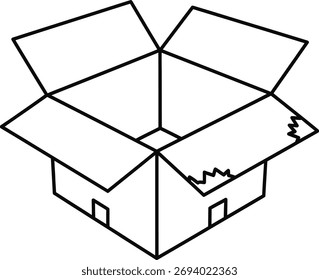 Un simple dibujo de línea de una caja de cartón abierta con sus solapas extendidas, una mostrando un borde roto, sugiriendo contenido o transporte.