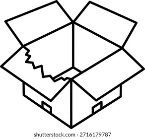Um simples desenho de linha de uma caixa de papelão aberta com um retalho rasgado, mostrando seu interior vazio e quebrado estado, destacando sua condição danificada.