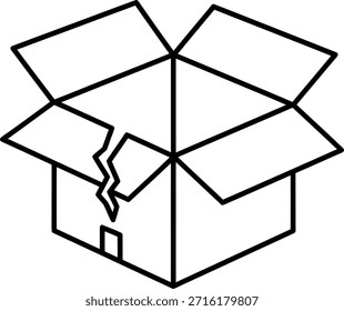 Un simple dibujo de línea de una caja de cartón abierta con una solapa rota y bordes rotos, representada en líneas negras sobre un fondo blanco, que transmite una sensación de daño y deterioro.