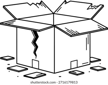 Un simple dibujo de línea de una caja de cartón abierta con un lado roto y piezas rotas esparcidas a su alrededor, transmitiendo una sensación de daño y desorden.