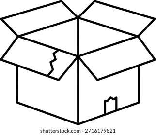 Um simples desenho de linha de uma caixa de papelão aberta com uma aba rasgada e borda inferior danificada, apresentando um item de embalagem quebrado e usado.