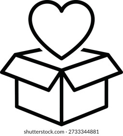 Un simple dibujo de línea de una caja de cartón abierta con un corazón saliendo de ella.