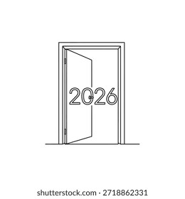 Um simples desenho em linha de uma porta aberta com os números 2026 visíveis na porta.