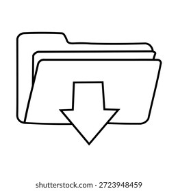 Un simple dibujo de línea de una carpeta de archivos abierta con una flecha que apunta hacia abajo que indica una Descarga Guardar o acción.