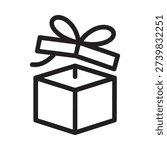 Simple line drawing of an open gift box with a ribbon on top