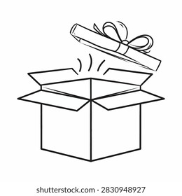 A simple line drawing of an open gift box with a lid and ribbon, symbolizing presents, surprises, or celebrations in a minimalistic style.