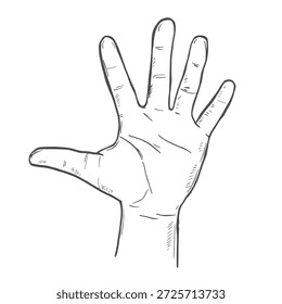 Dibujo de línea simple de una mano abierta con los dedos extendidos, aislados sobre fondo blanco, que representa un gesto o símbolo