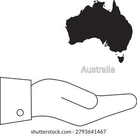 A simple line drawing of an open hand, palm up, with the silhouette of Australia placed above it.