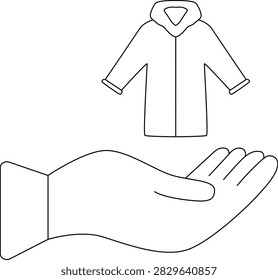 A simple line drawing of an open hand holding up a hooded winter jacket, symbolizing donation and support.