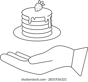 A simple line drawing of an open hand holding a plate with a stack of pancakes topped with a strawberry and syrup.