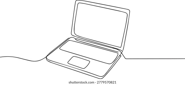 A simple line drawing of an open laptop computer sitting on a flat white surface with a cord extending out to the side, minimalistic style, black lines on white background