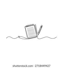 Dibujo de línea simple de un cuaderno abierto y un concepto creativo de lápiz