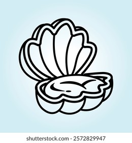 A simple line drawing of an open seashell, evoking summer and seaside vibes.