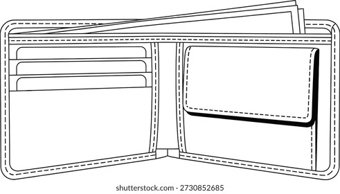 Un simple dibujo de línea de una billetera abierta que muestra sus compartimentos interiores.