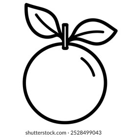 Un simple dibujo de línea de una naranja con hojas.