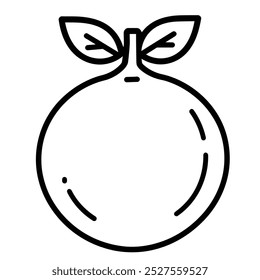 A simple line drawing of an orange with two leaves on top.