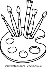 Um simples desenho de linha de uma paleta de pintor com vários pincéis de vários tamanhos