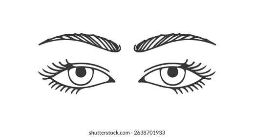 A simple line drawing of a pair of eyes with eyebrows, rendered in black and white. The style is minimalistic and slightly stylized.