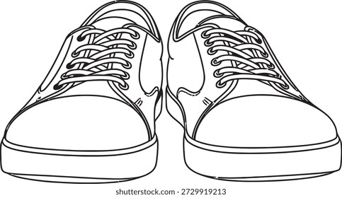 A simple line drawing of a pair of sneakers with laces, set against a plain white background. The shoes are positioned side by side, showcasing their design and details.